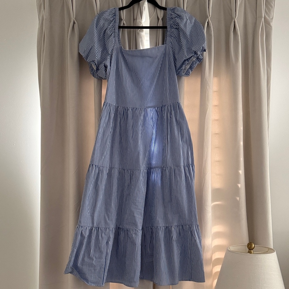 J. Crew Blue Pinstripe Square Neck Tiered Midi Dress with Puff Sleeves